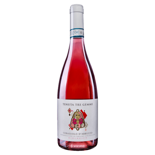 A bottle of Tenuta Tre Gemme Cerasuolo d'Abruzzo Riserva DOCG white wine with a pinkish-red liquid, featuring a white label with a colorful illustration of a woman and a silver foil capsule cap, isolated on a white background.